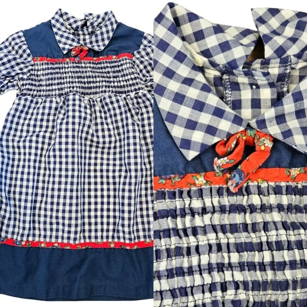 70s Girls 6 Blue Gingham Plaid Smocked Casual Dress Collared Red Floral Bow‎